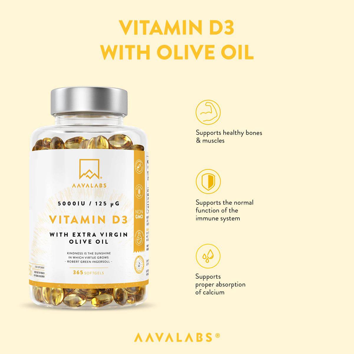 Bottle of Vitamin D3 with Olive Oil and its benefits listed  - IMMUNITY BUNDLE