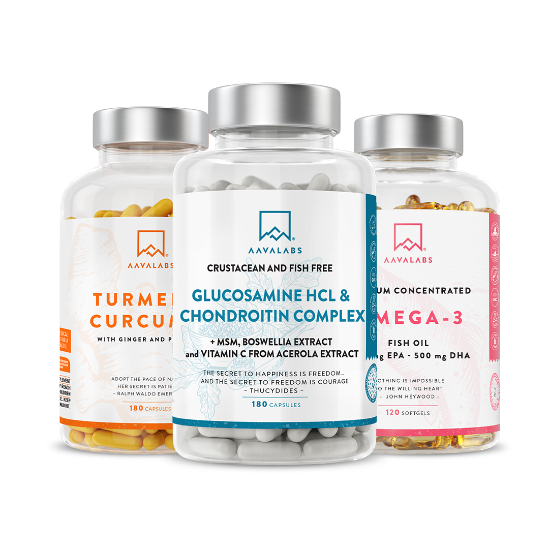 Three supplement bottles bundle: glucosamine HCl & chondroitin capsules, high‑strength omega‑3 fish oil softgels, and curcumin turmeric with ginger capsules – Joints Support Bundle Aavalabs