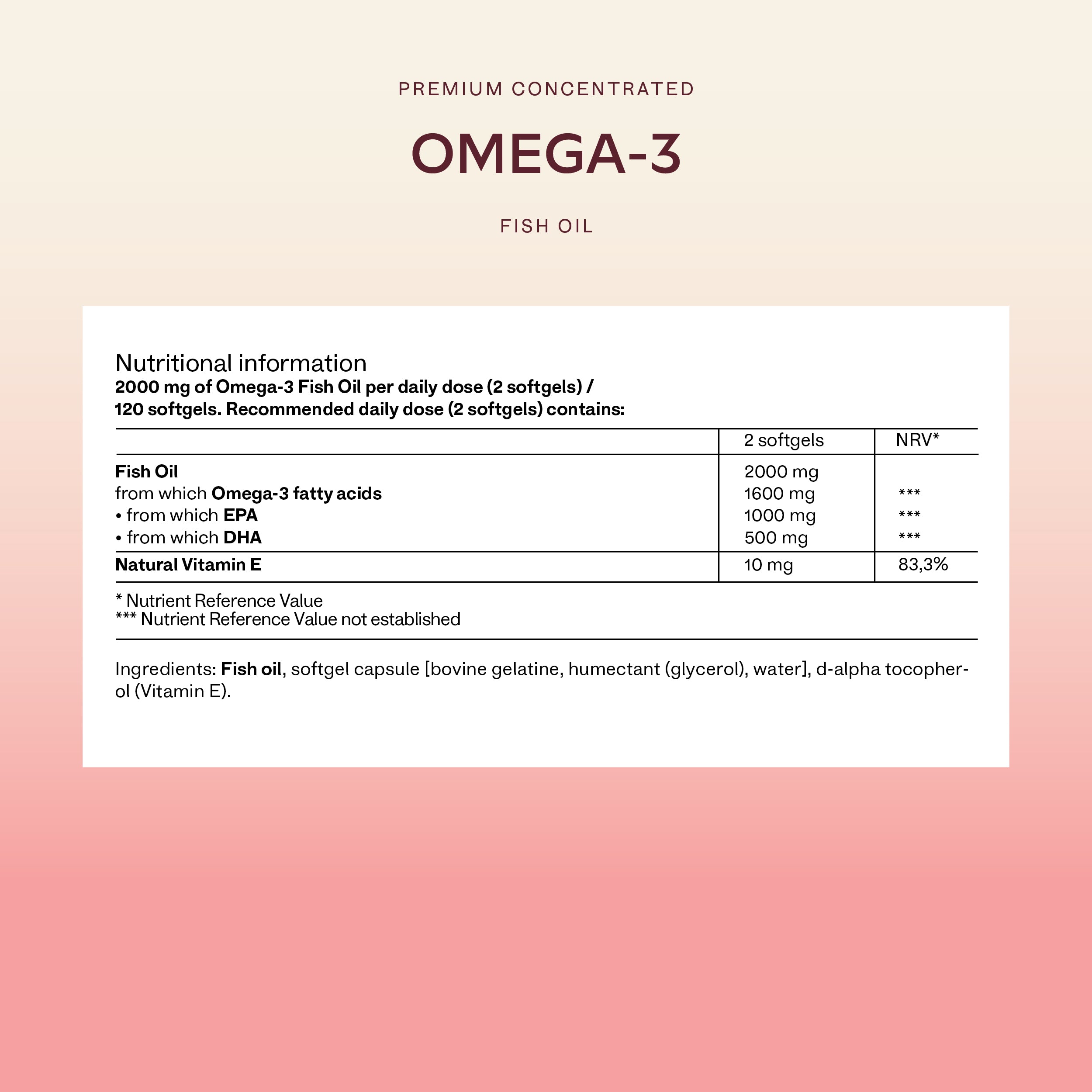 Nutritional information chart for Aavalabs Omega-3 fish oil showing EPA, DHA, and vitamin E content