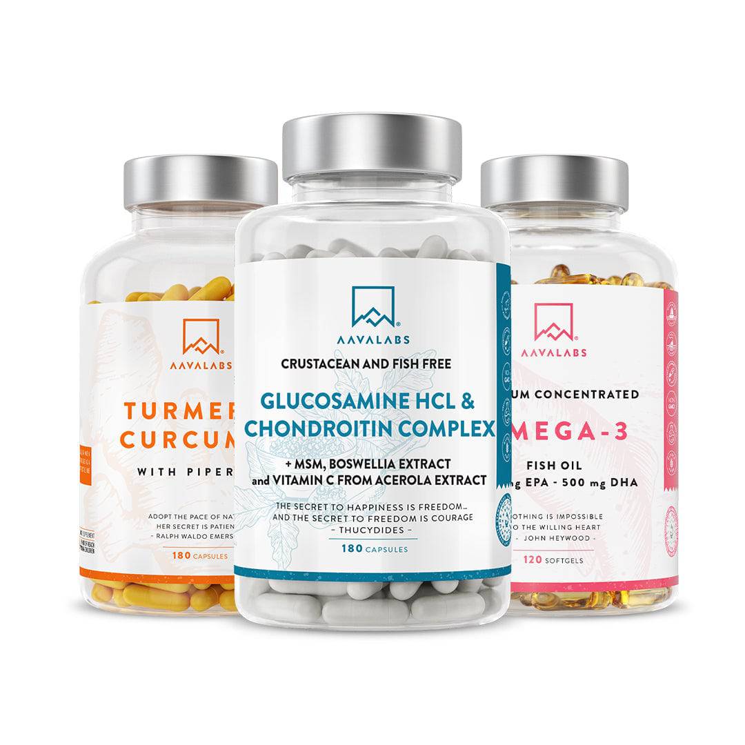 Three AAVALABS products from the Joints Support Bundle: Turmeric Curcumin, Glucosamine HCL & Chondroitin Complex, and Omega-3.