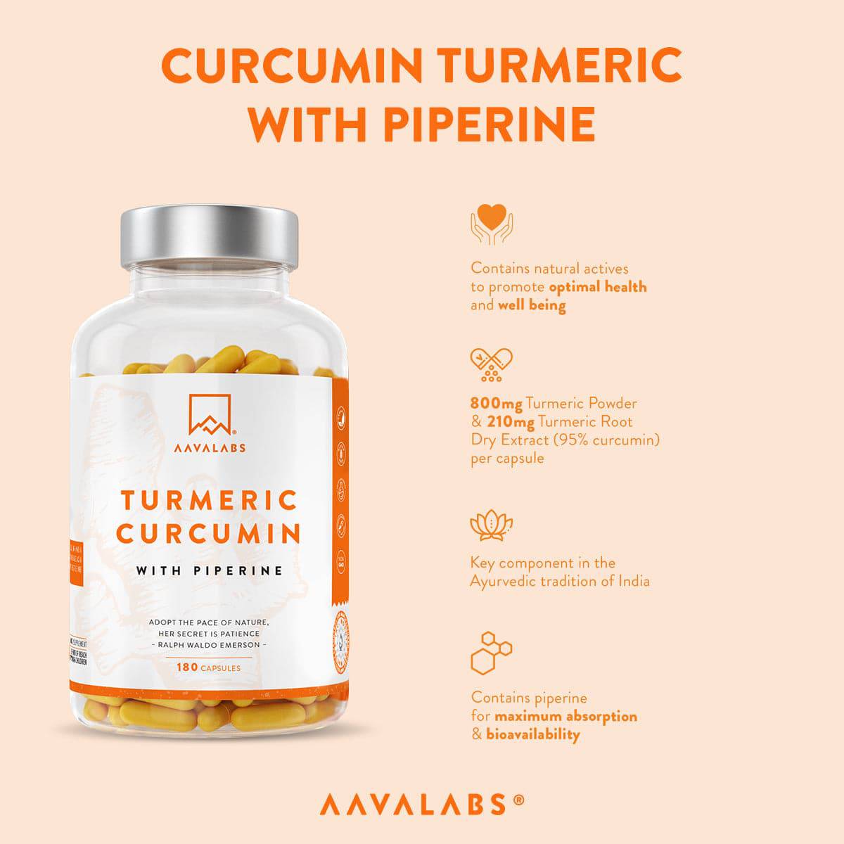 Turmeric Curcumin bottle with details, part of the Joints Support Bundle - AAVALABS