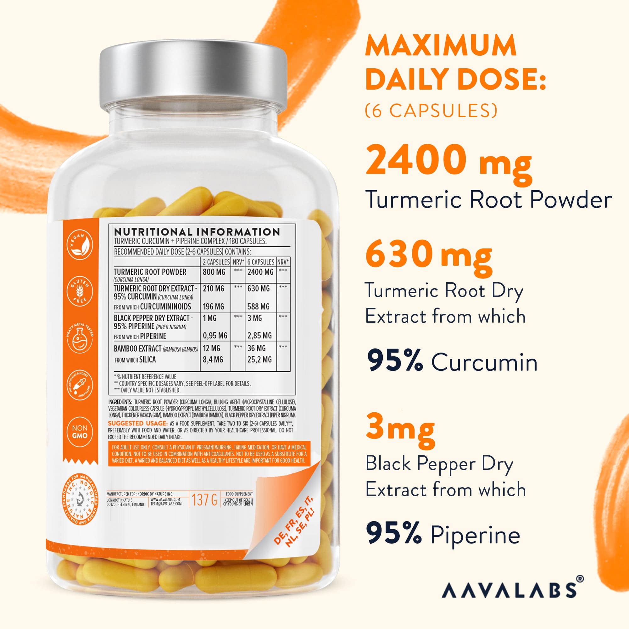 Back of Turmeric Curcumin bottle showing nutritional info, Joints Support Bundle - AAVALABS