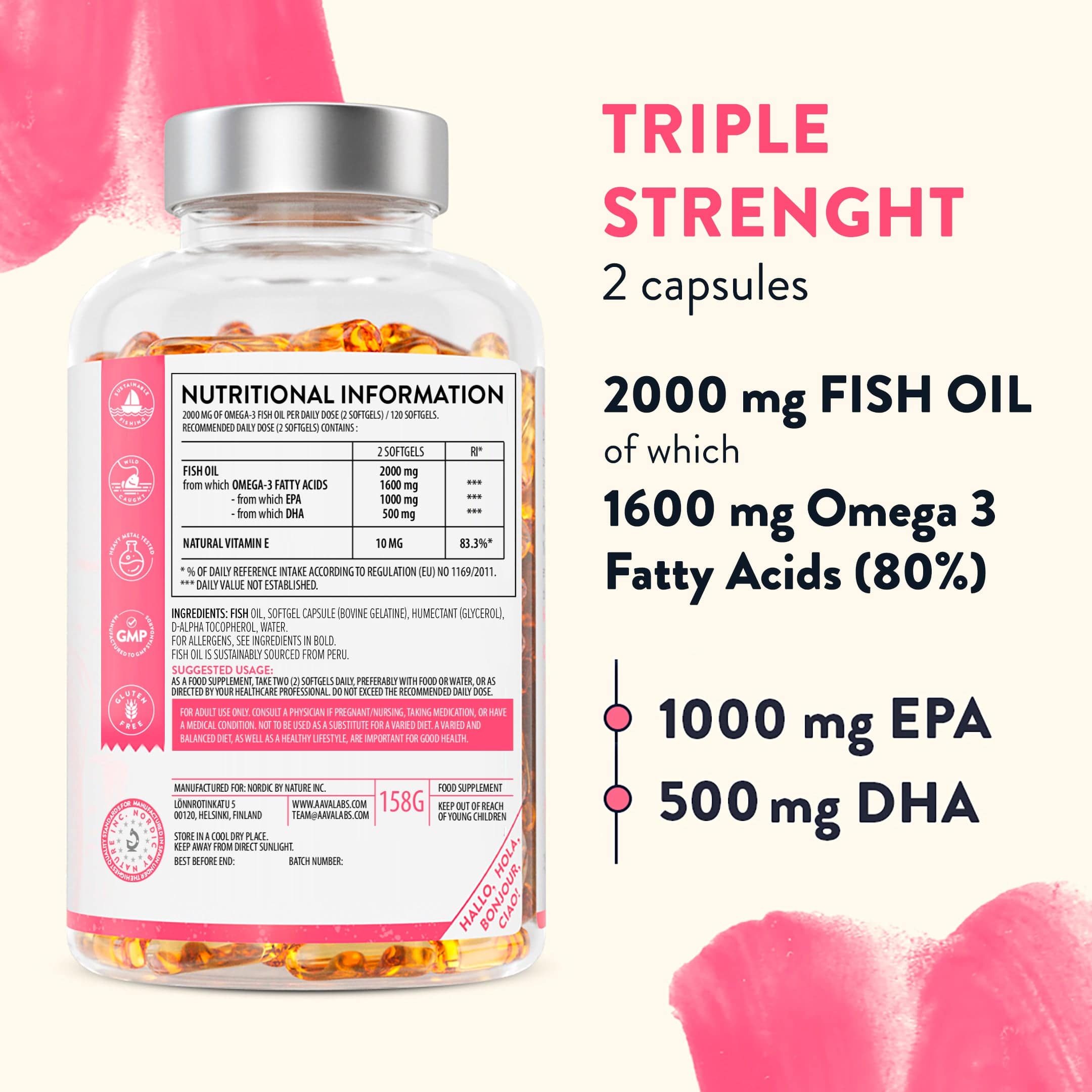 Back of Omega-3 Fish Oil bottle showing nutritional info, Joints Support Bundle - AAVALABS