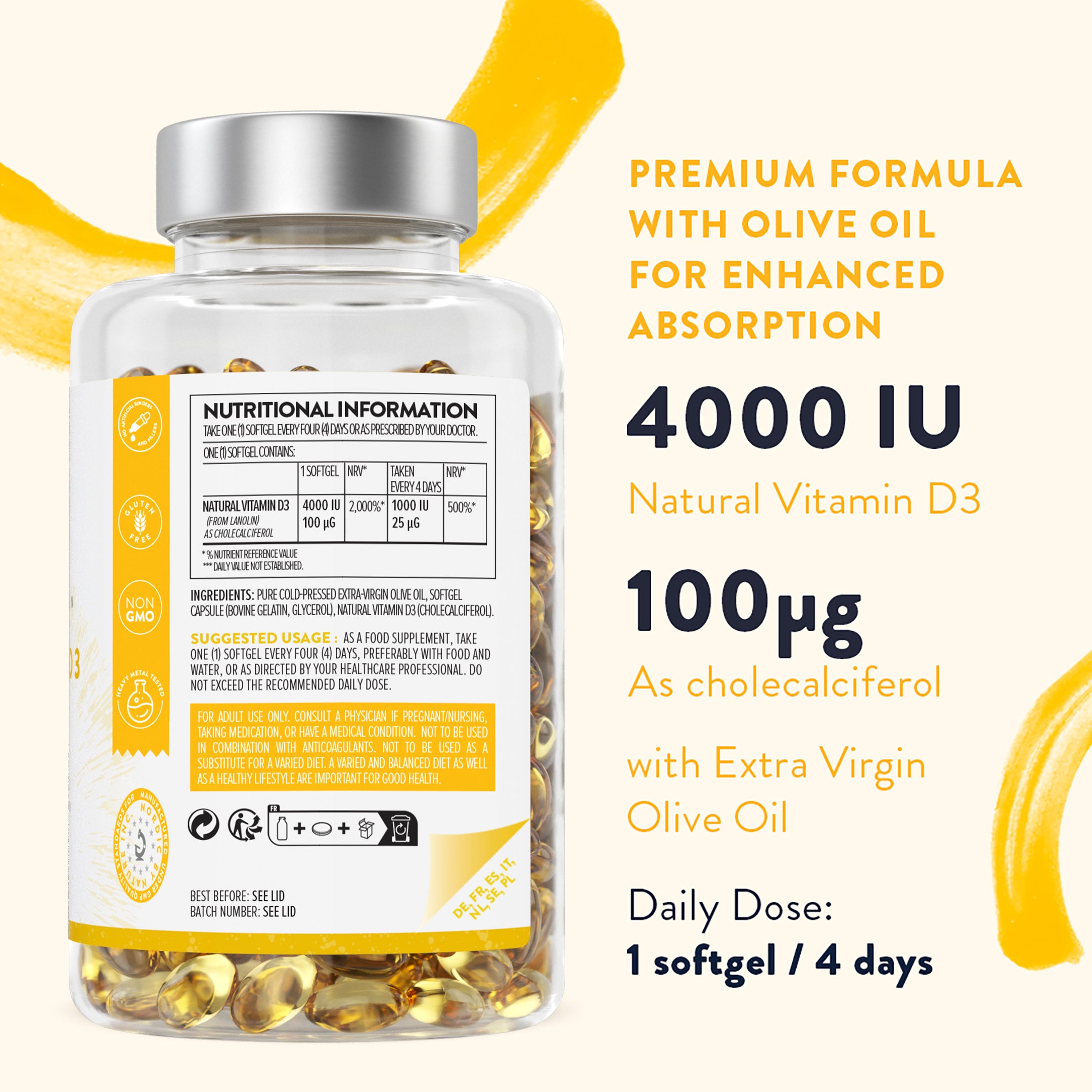 Bottle of vitamin D3 4,000 IU softgels displayed with overlay highlighting dosage strength – Muscle Support Bundle Aavalabs