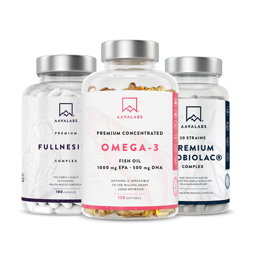 Omega‑3 fish oil softgel bottle emphasising 1,000 mg EPA and 500 mg DHA per daily serving – Premium Bundle Aavalabs