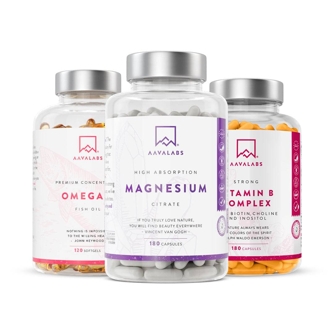 Aavalabs Omega-3, Magnesium Citrate, and Vitamin B Complex bottles - AAVALABS SPORT BUNDLE