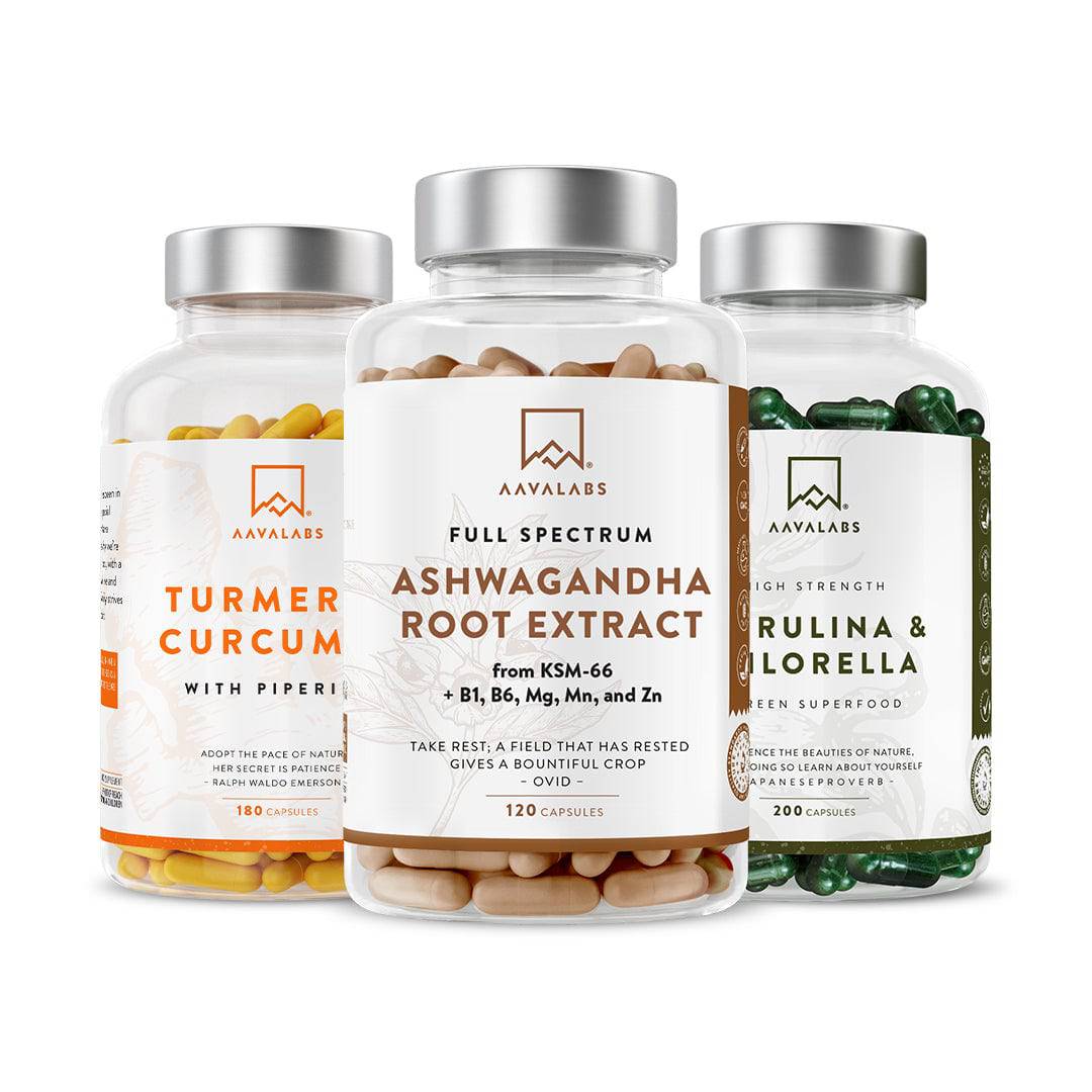 Aavalabs bottles of Turmeric Curcumin, Ashwagandha Root - Superfoods Bundle AAVALABS