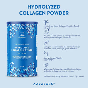 Hydrolysed Collagen Powder, enriched with Vitamin C and featuring multi collagen peptides types I, III, V, and X - AAVALABS