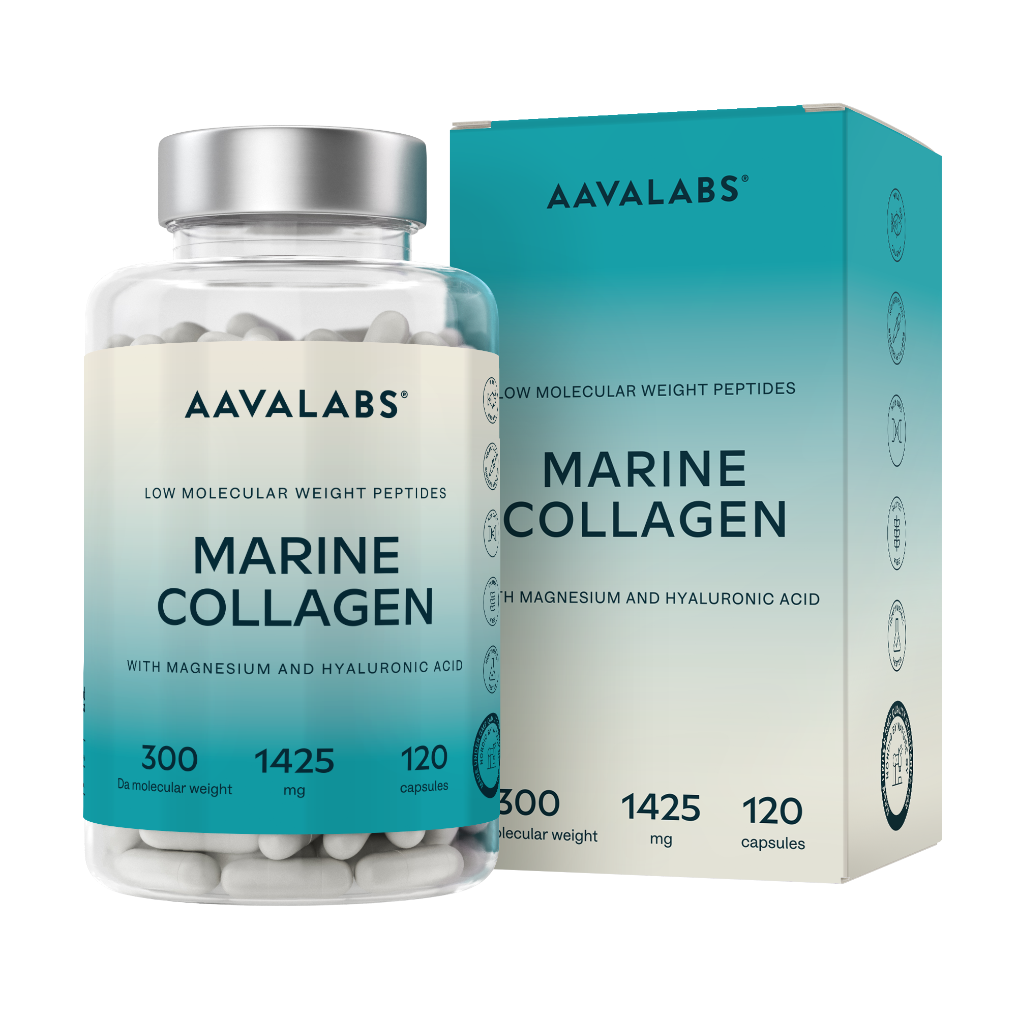 Two supplement bottles of marine collagen with silver lids and teal label design placed against a beach-inspired background – Marine Collagen Aavalabs