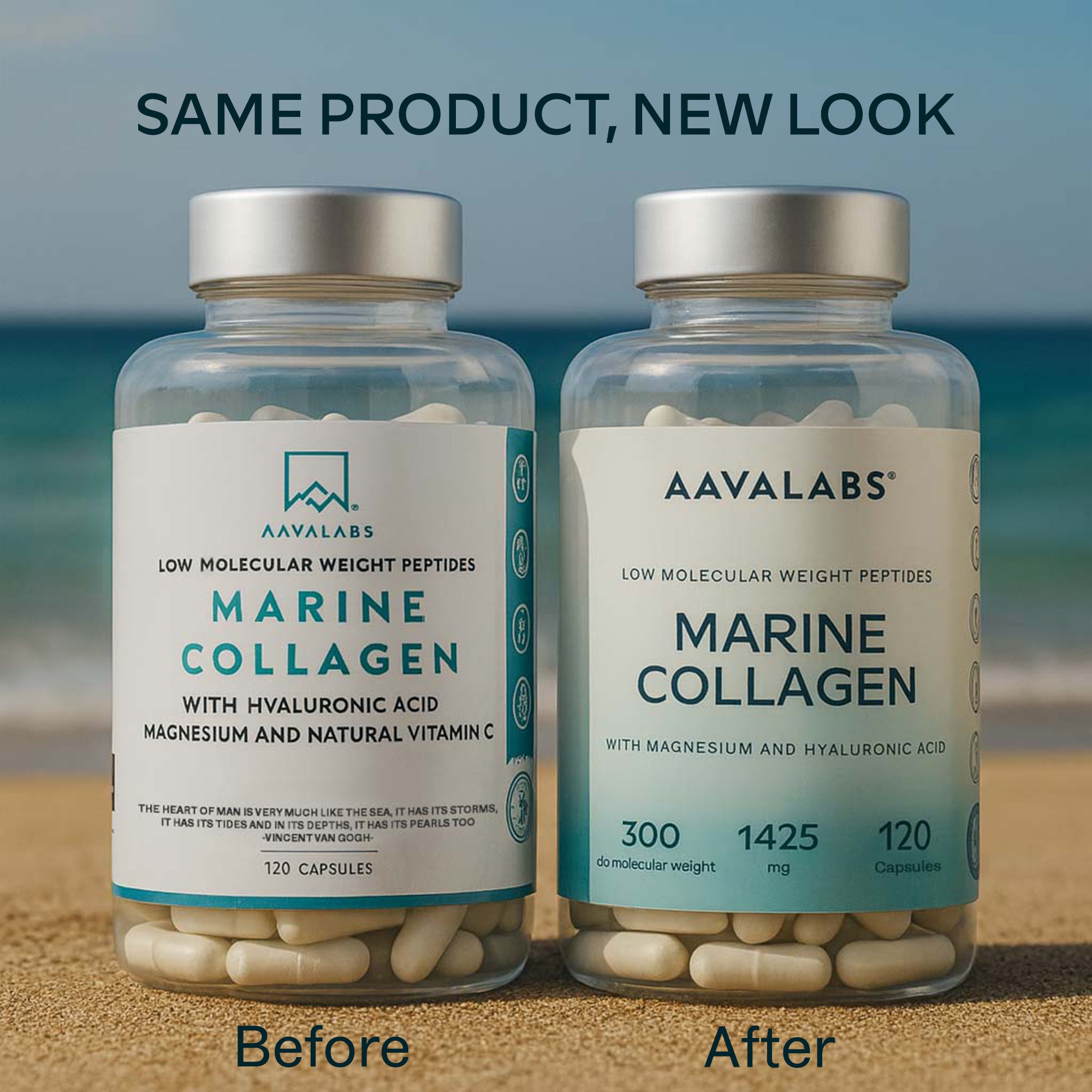 Close-up of back label showing sustainably sourced fish collagen, sodium hyaluronate, bamboo extract, and vegetarian capsule details – Marine Collagen Aavalabs