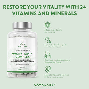Multivitamin Complex bottle with supplement benefits listed - Aavalabs