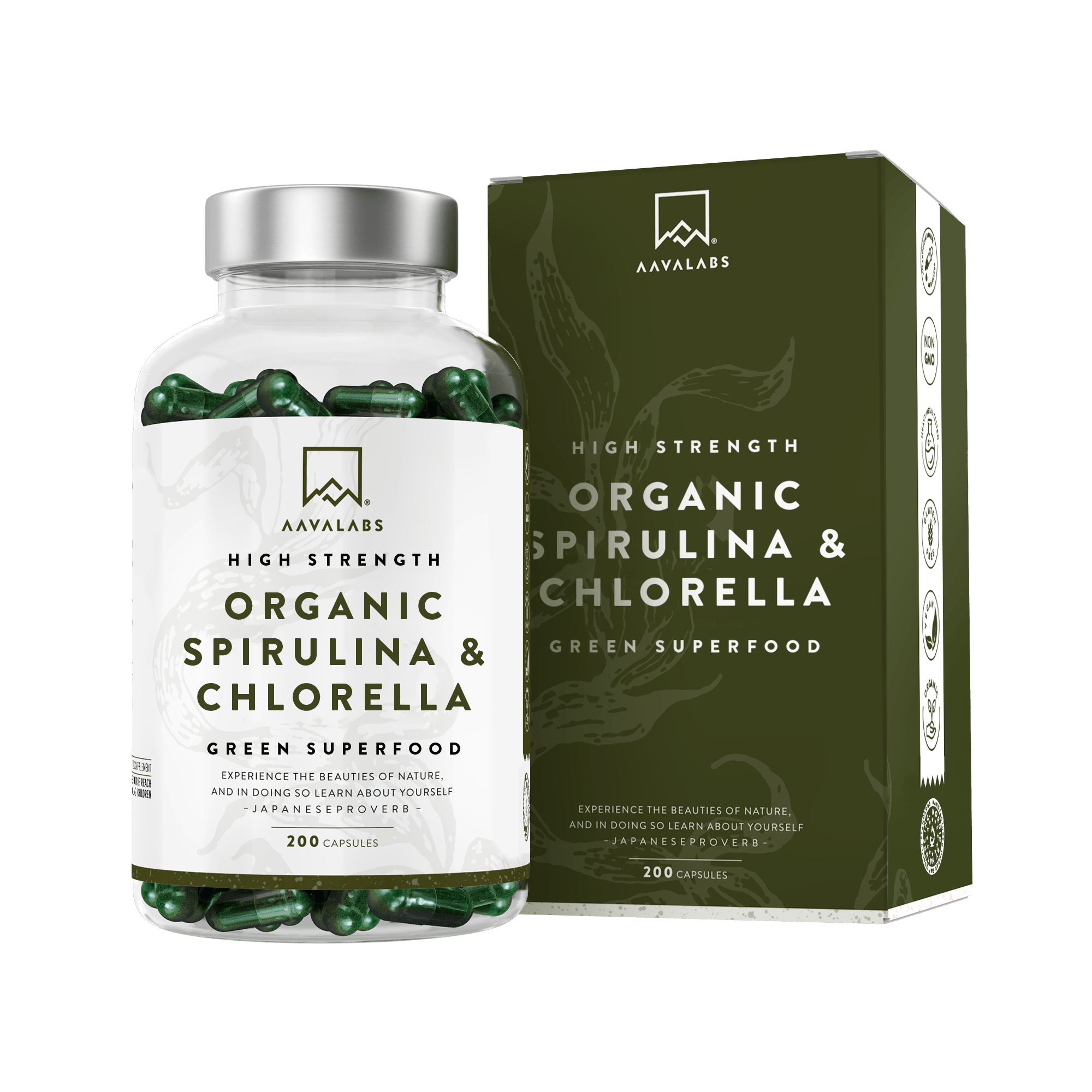 Spirulina and Chlorella bottle and box - AAVALABS