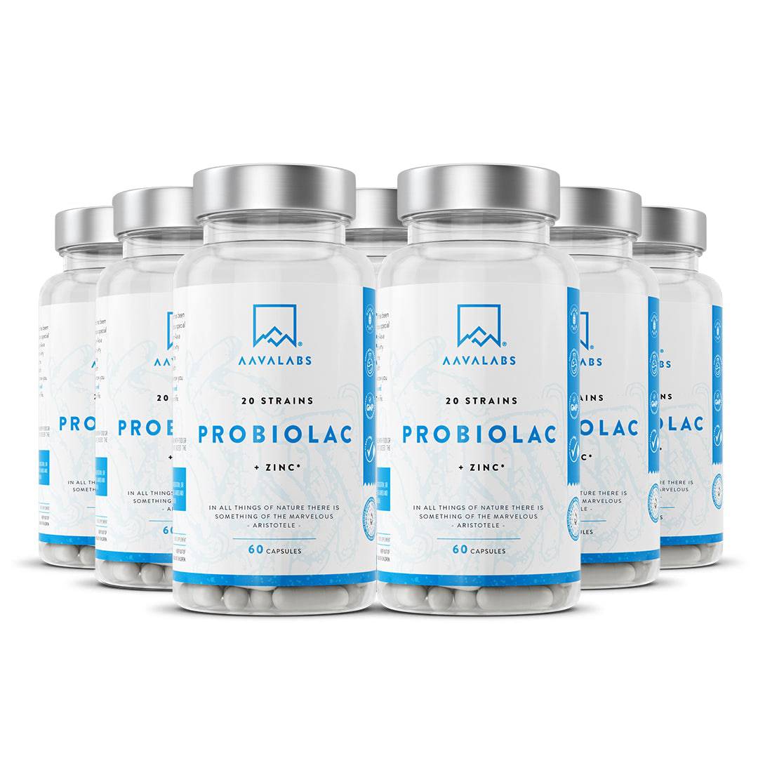 Multiple bottles of AAVALABS PROBIOLAC probiotic supplement with 20 strains and zinc