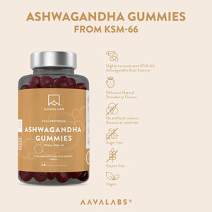 Aavalabs Ashwagandha Gummies bottle with product benefits listed - AAVALABS