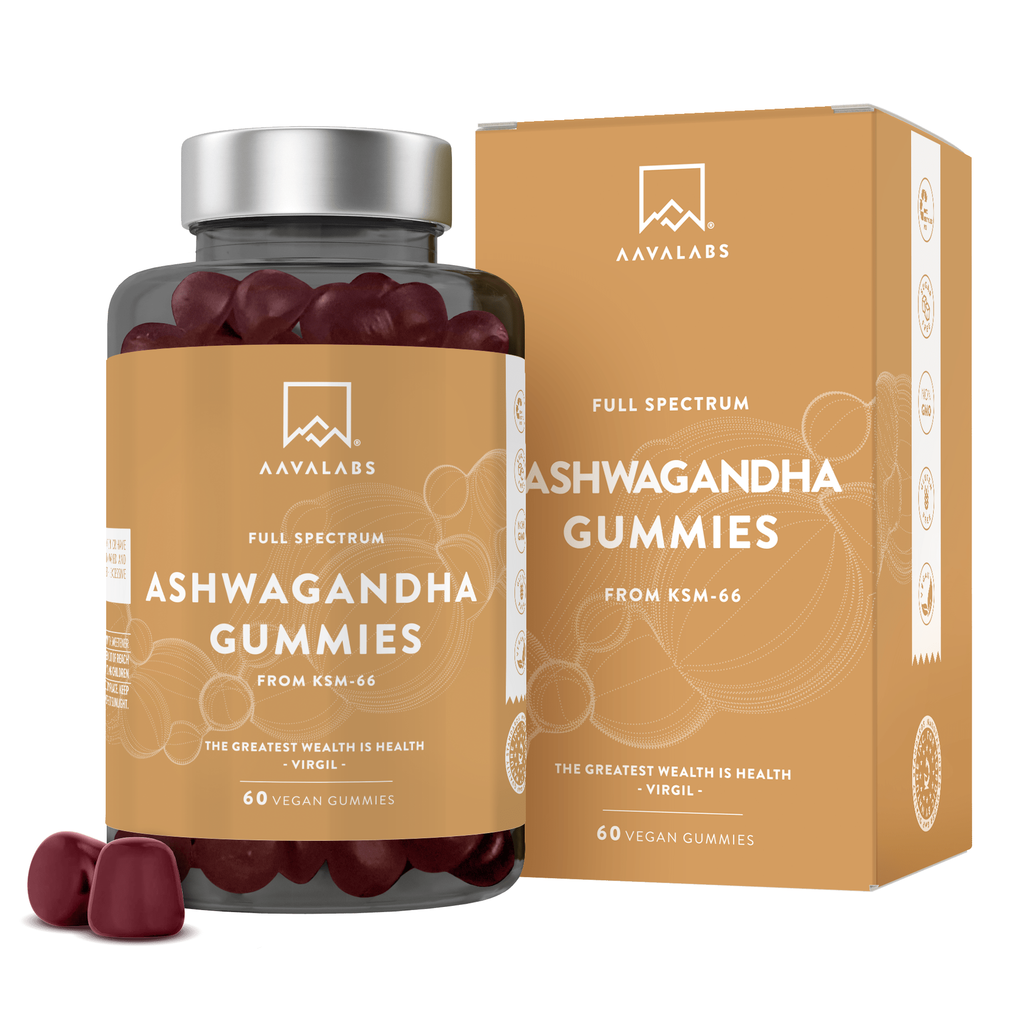 Bottle and box of Aavalabs Ashwagandha Gummies, full spectrum, 60 vegan gummies - AAVALABS