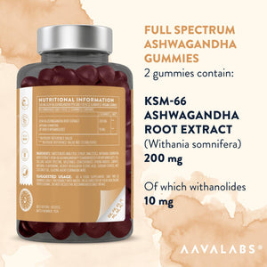Aavalabs Ashwagandha Gummies with icons highlighting features - AAVALABS