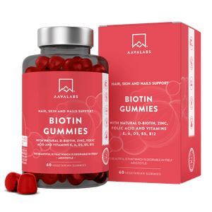 Bottle and box of Aavalabs Biotin Gummies for hair, skin, and nails support