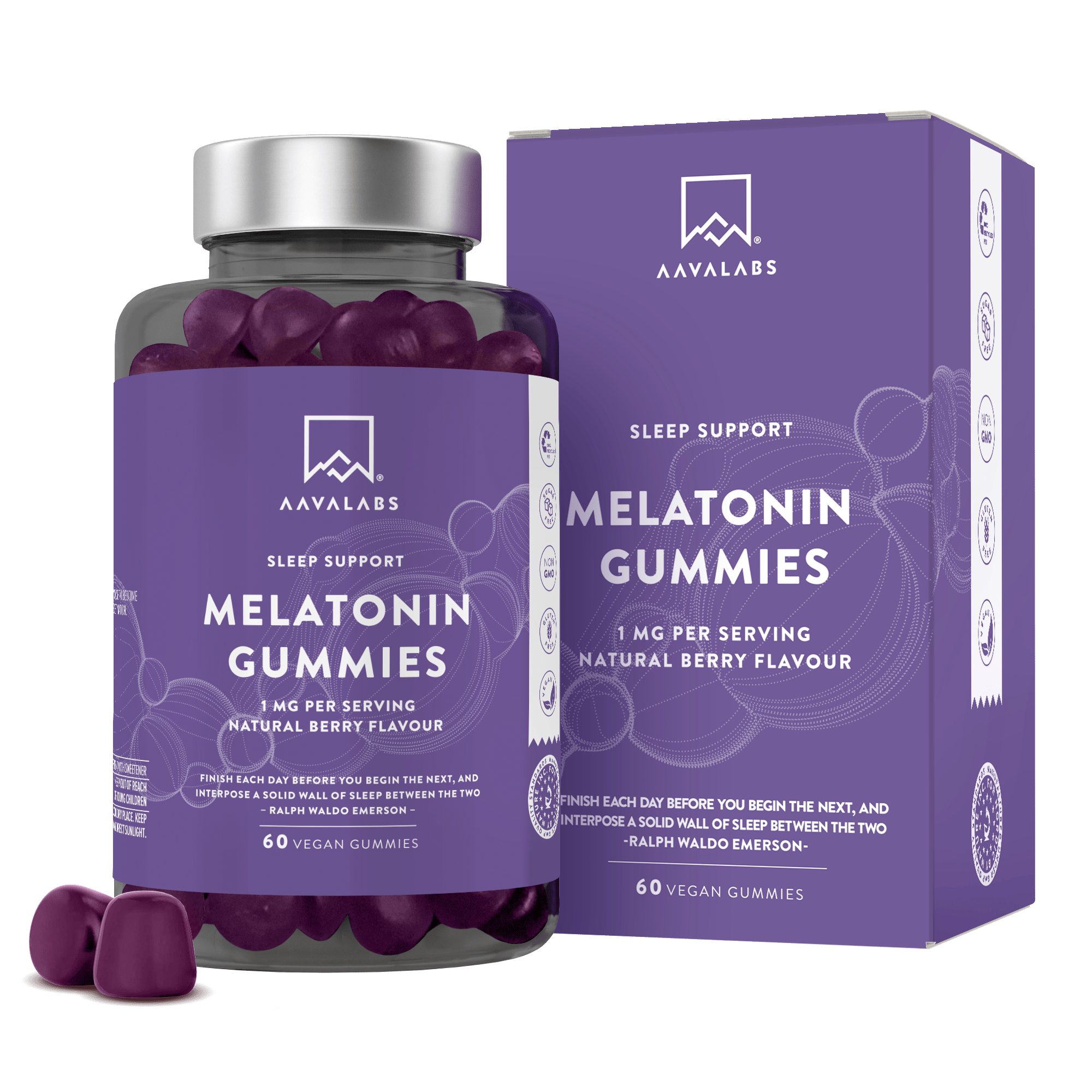 Bottle and box of Aavalabs Melatonin Gummies for sleep support - AAVALABS