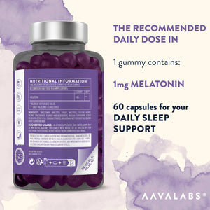 Aavalabs Melatonin Gummies with icons highlighting features - AAVALABS