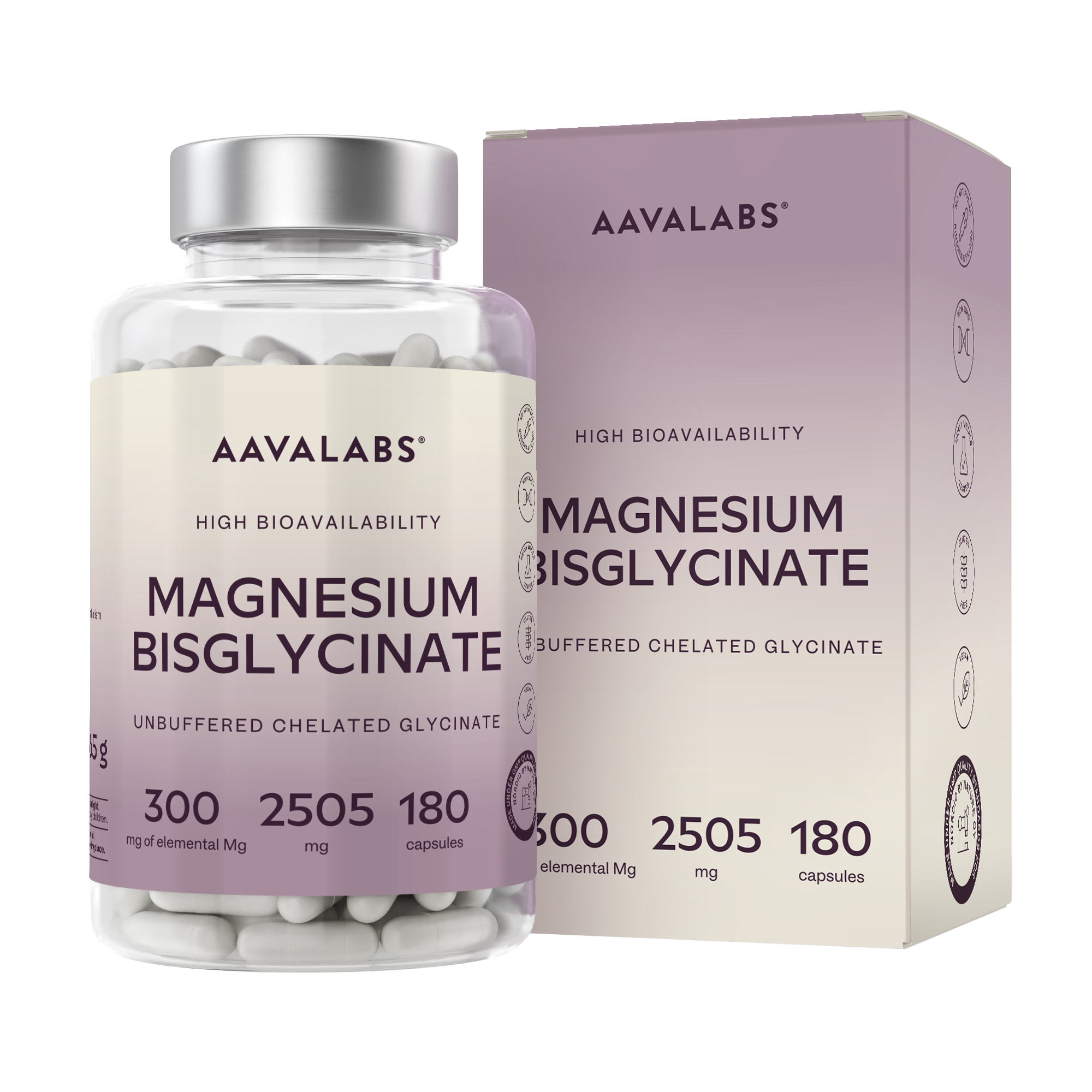Supplement bottle with silver lid beside lilac box packaging on pale background – Magnesium Bisglycinate Aavalabs
