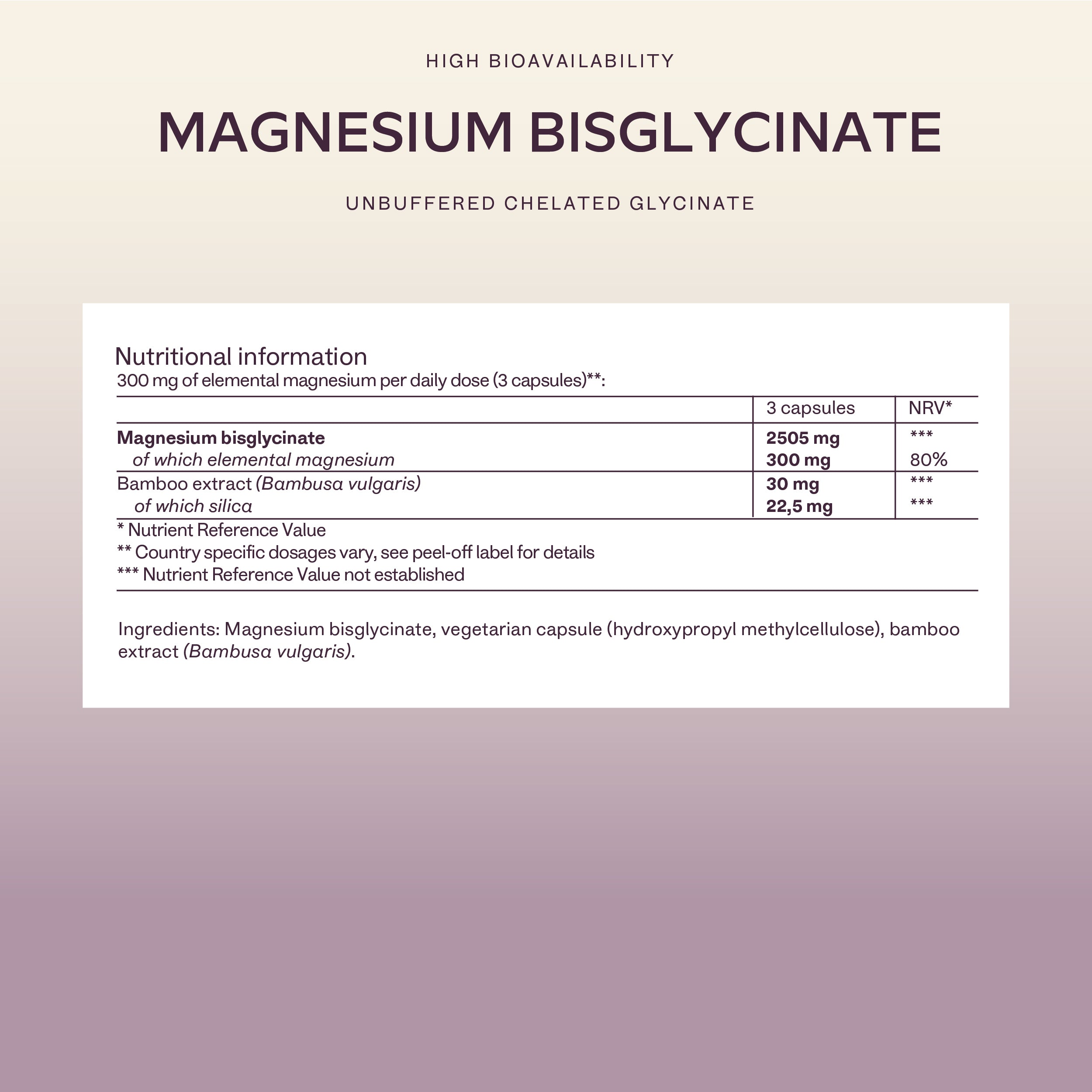 Capsule bottle with overlay listing 300 mg elemental magnesium bisglycinate and bamboo extract for gentle absorption – Magnesium Bisglycinate Aavalabs