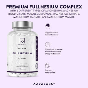 Back view of AAVALABS Premium Fullnesium Complex bottle with nutritional information.