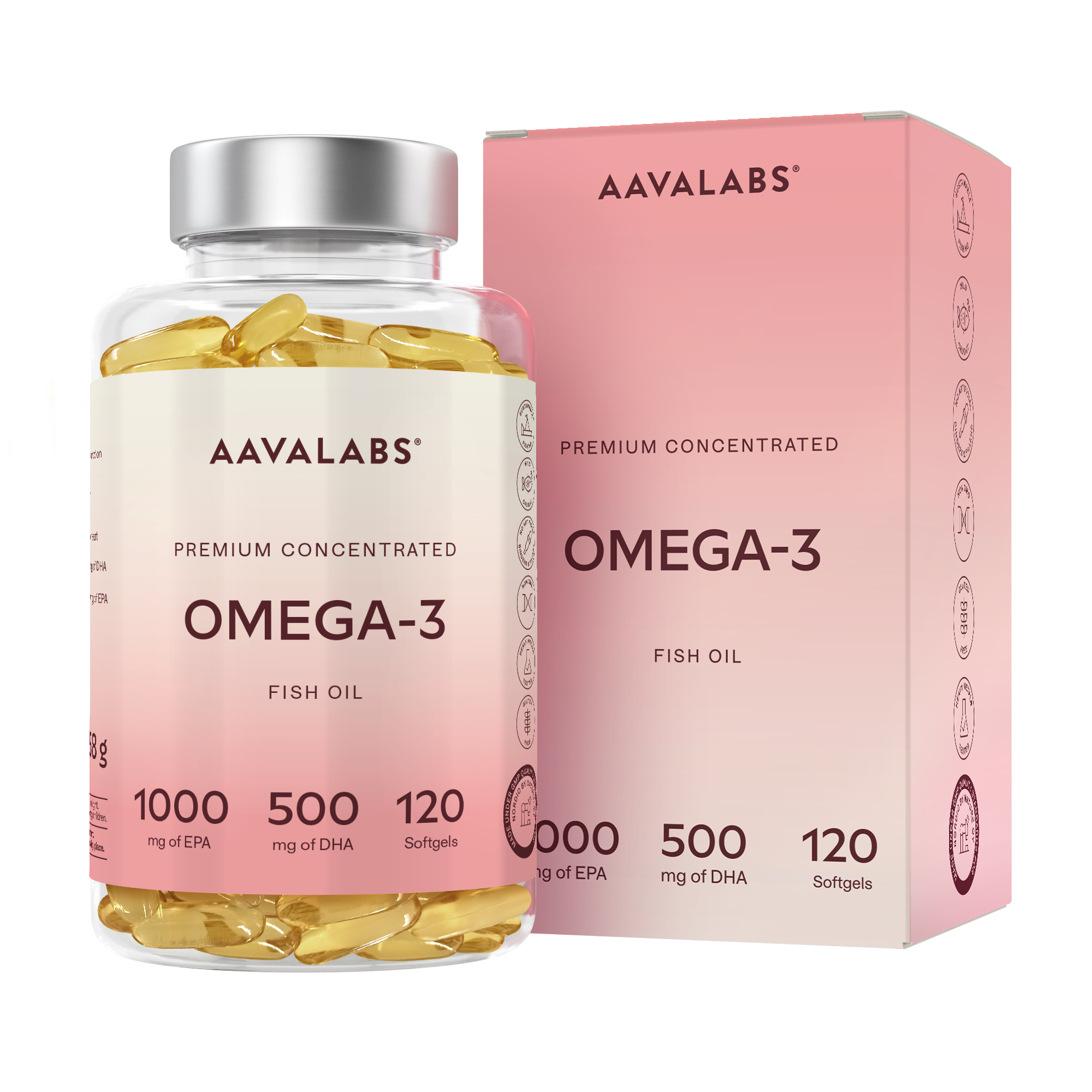 Bottle and box of Aavalabs Omega-3 fish oil softgels with pink gradient packaging