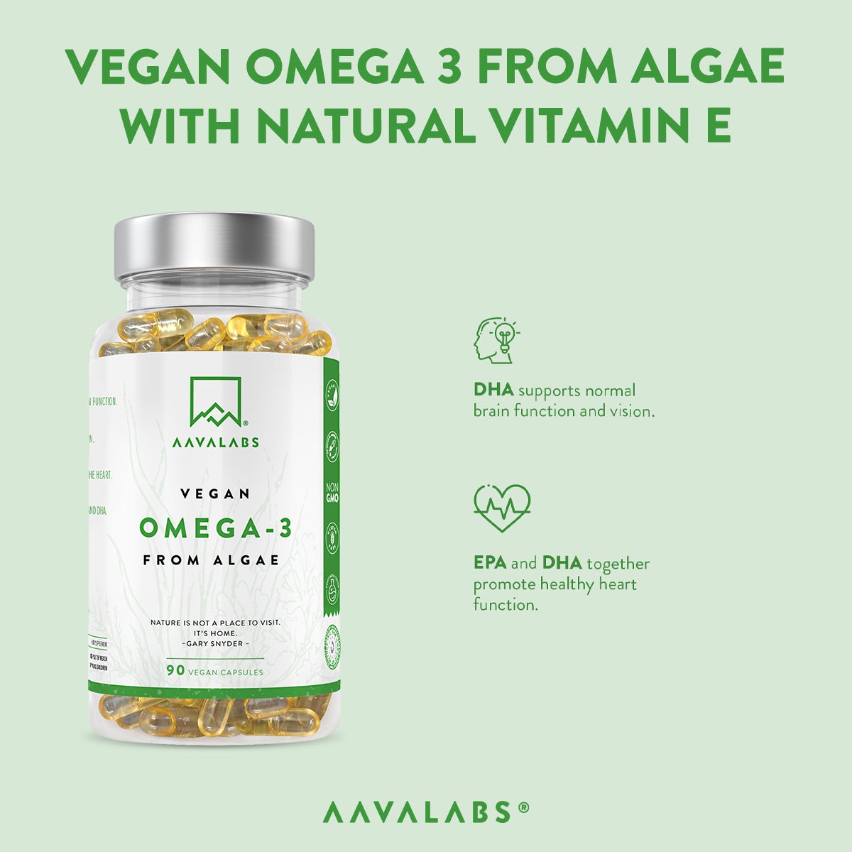 Bottle of Vegan Omega 3 from Algae featuring overlay listing 750 mg DHA and 300 mg EPA per daily serving, triglyceride form with vitamin E for freshness – Vegan Omega‑3 from Algae Aavalabs