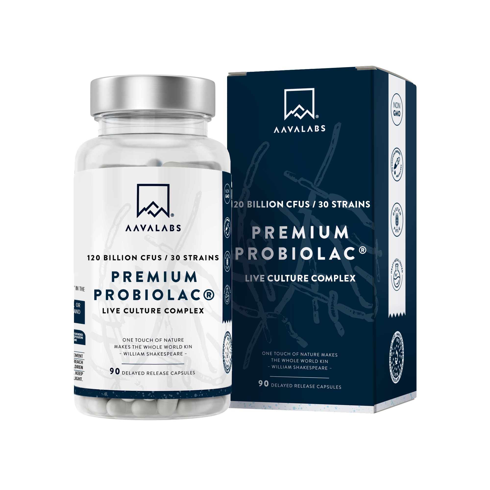 Supplement bottle with silver lid next to dark blue box packaging on pale background – Premium Probiolac Probiotic 30 Strains Aavalabs