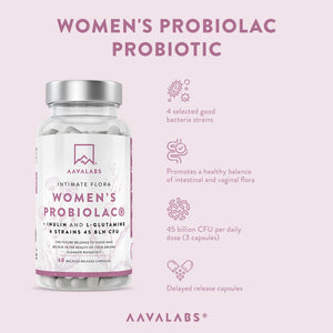 Bottle of Women's Probiolac Probiotic on a pink background with petals - AAVALABS