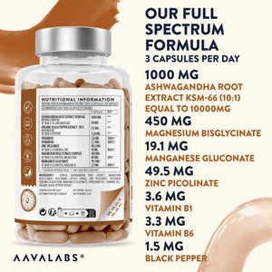 Our Full Spectrum Formula includes Ashwagandha Root Extract KSM-66, Magnesium Bisglycinate, Manganese Gluconate - AAVALABS