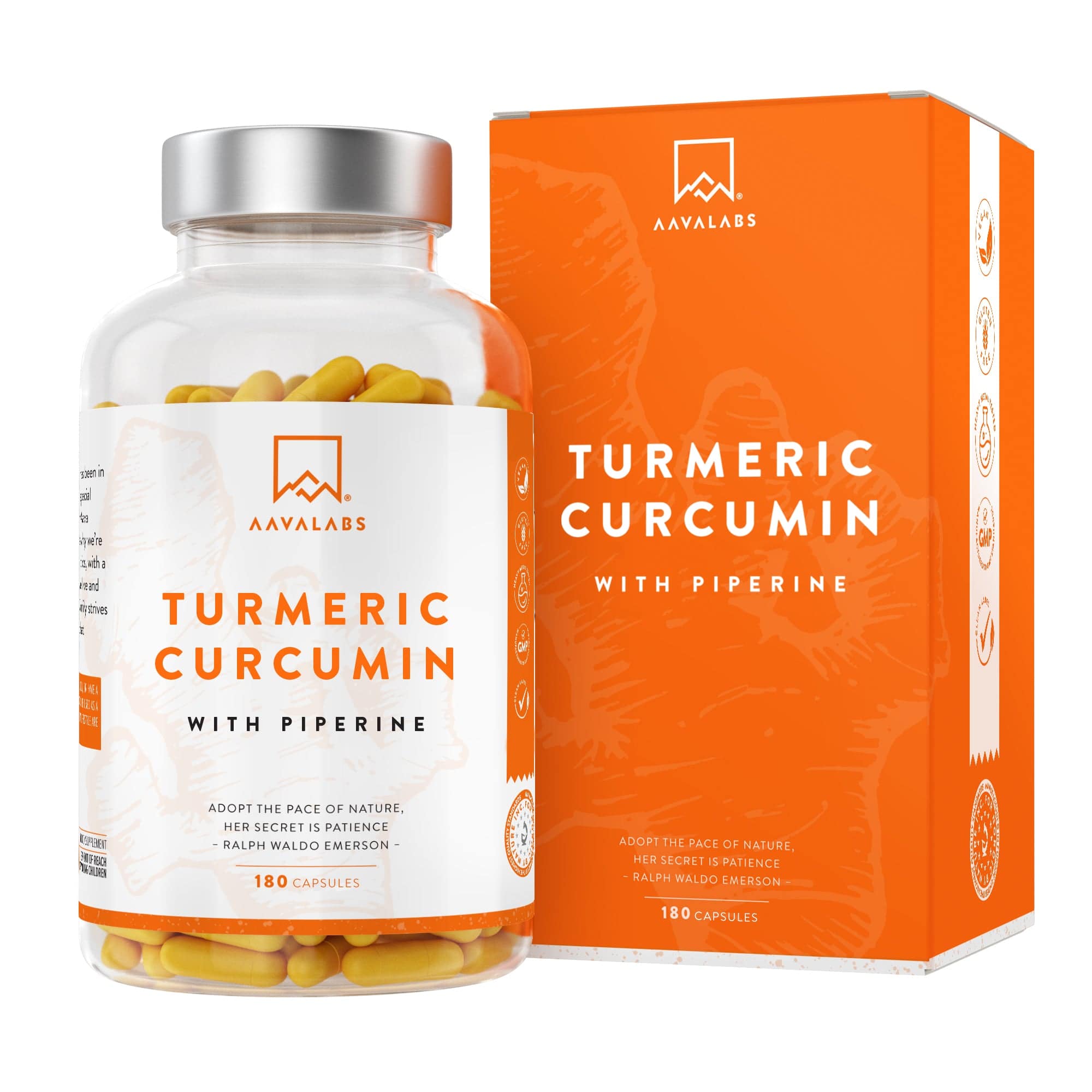 Curcumin Turmeric Complex with Piperine bottle and box, 180 capsules - AAVALABS