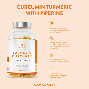 AAVALABS Turmeric Curcumin with Piperine bottle with benefits listed