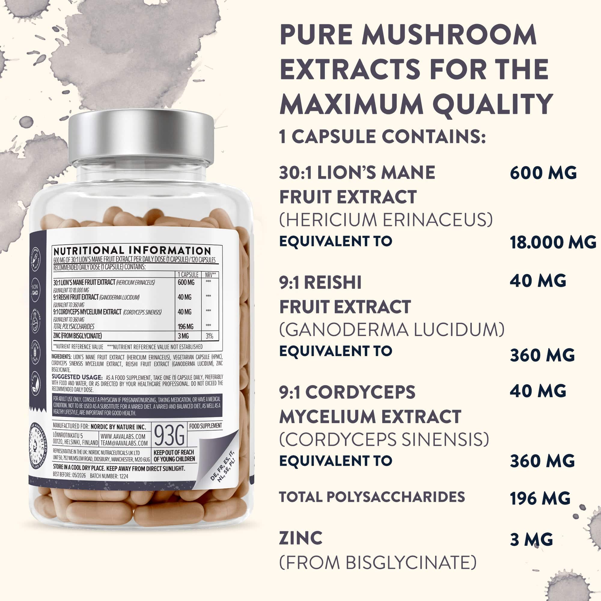 Back view of AAVALABS Lion´s Mane Mushroom Complex bottle displaying nutritional information and detailed ingredient breakdown.