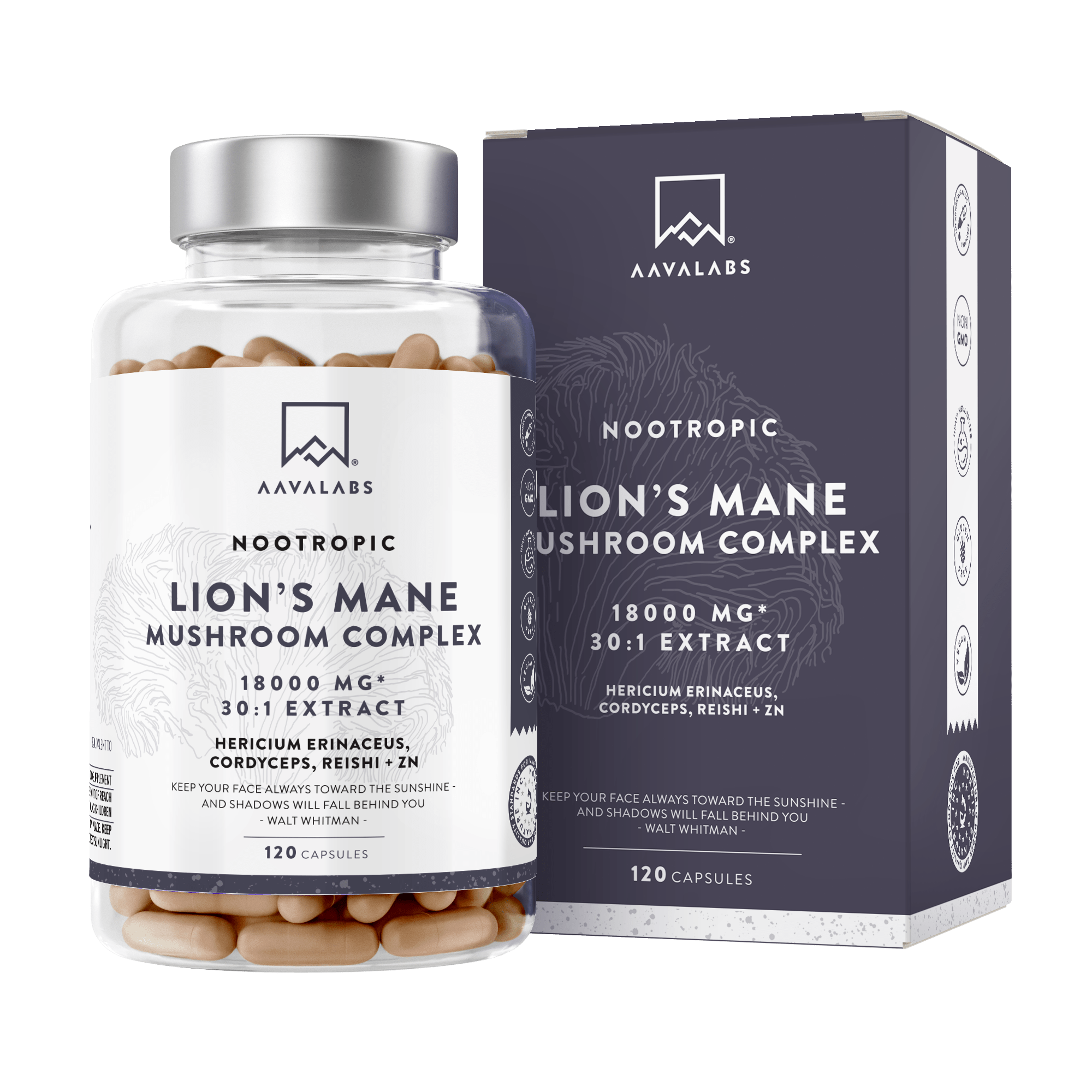 AAVALABS Lion´s Mane Mushroom Complex bottle next to its box, highlighting the nootropic supplement with 18000 mg 30:1 extract.