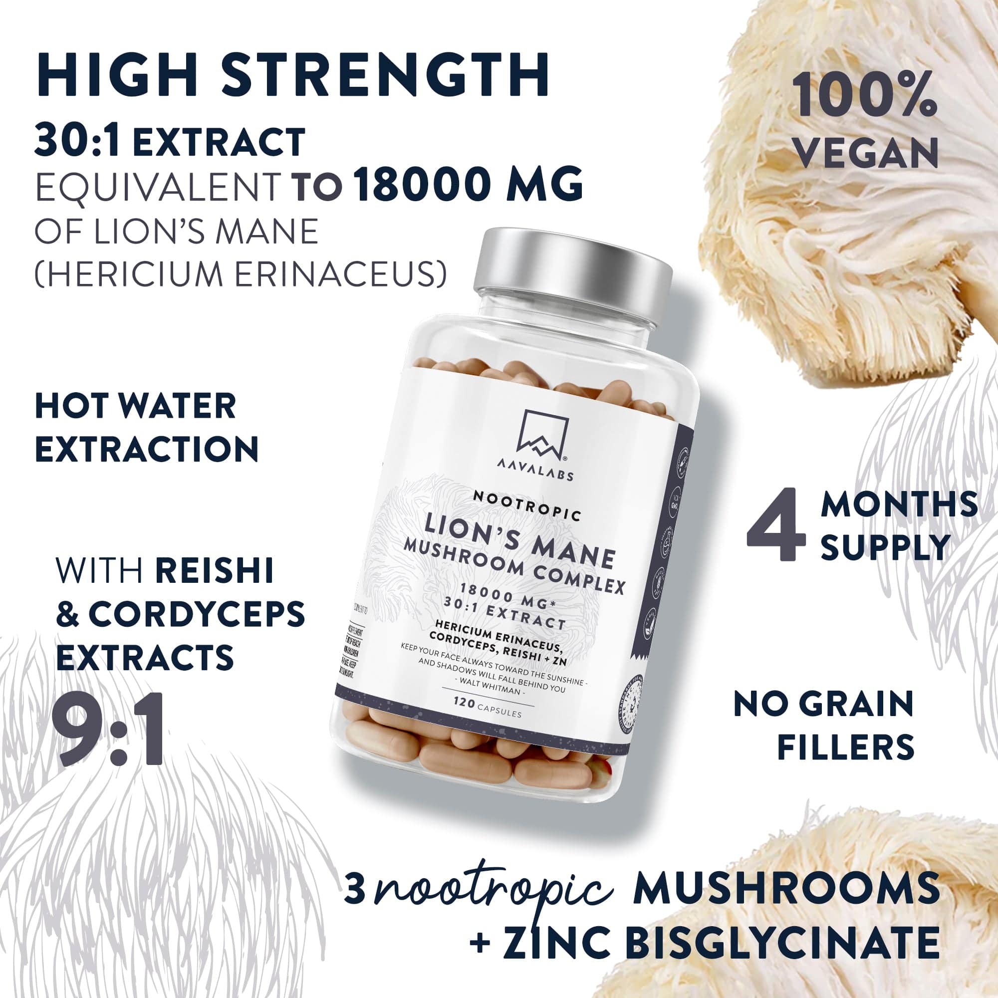 Bottle of Lion´s Mane Mushroom Complex with features - AAVALABS