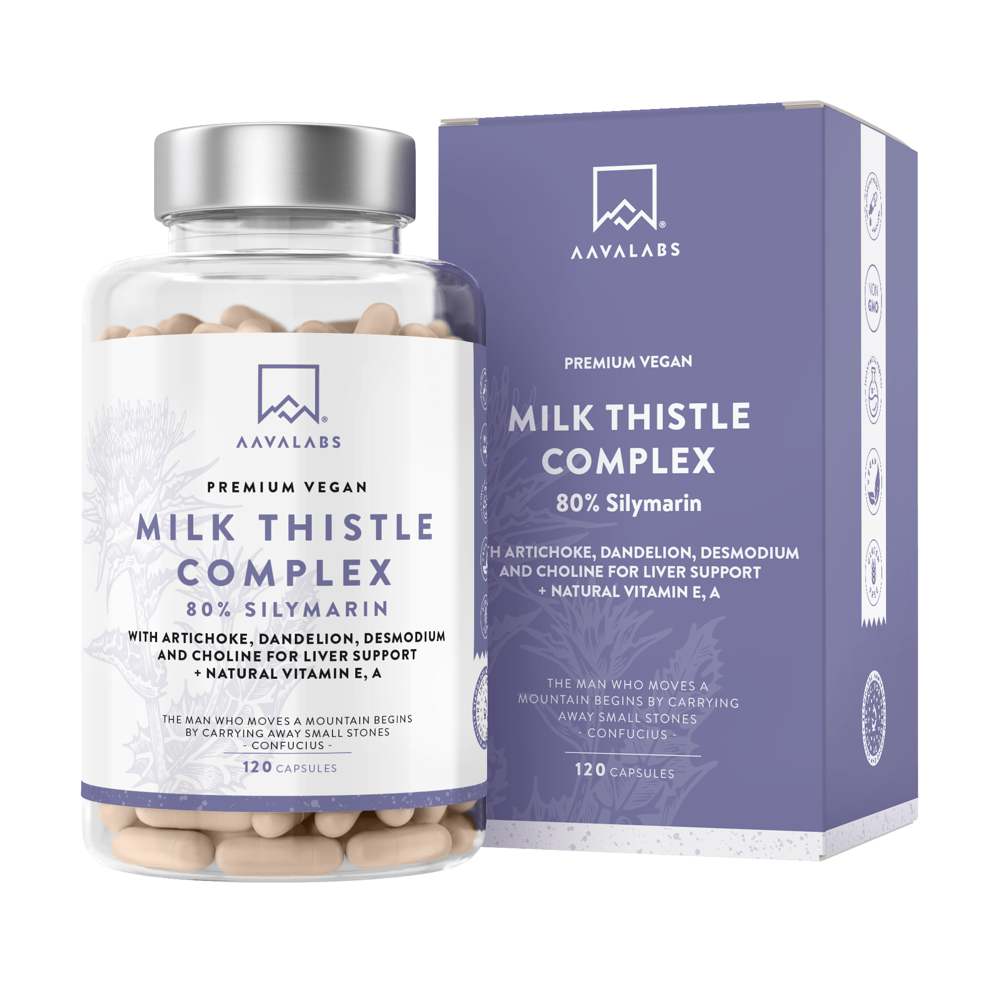 A bottle and box of Aavalabs' premium vegan Milk Thistle Complex - AAVALABS