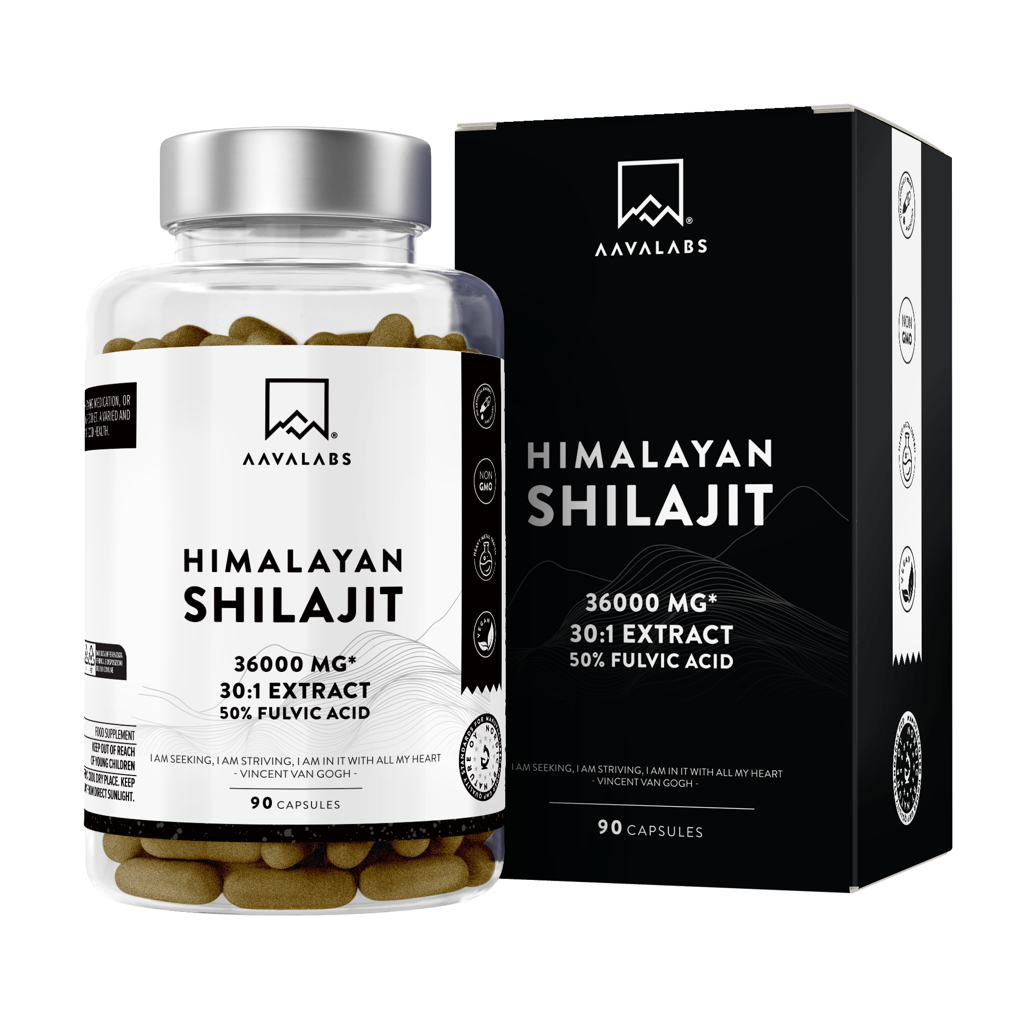 AAVALABS Shilajit product bottle and packaging, 36000 mg, 30:1 extract, 50% fulvic acid