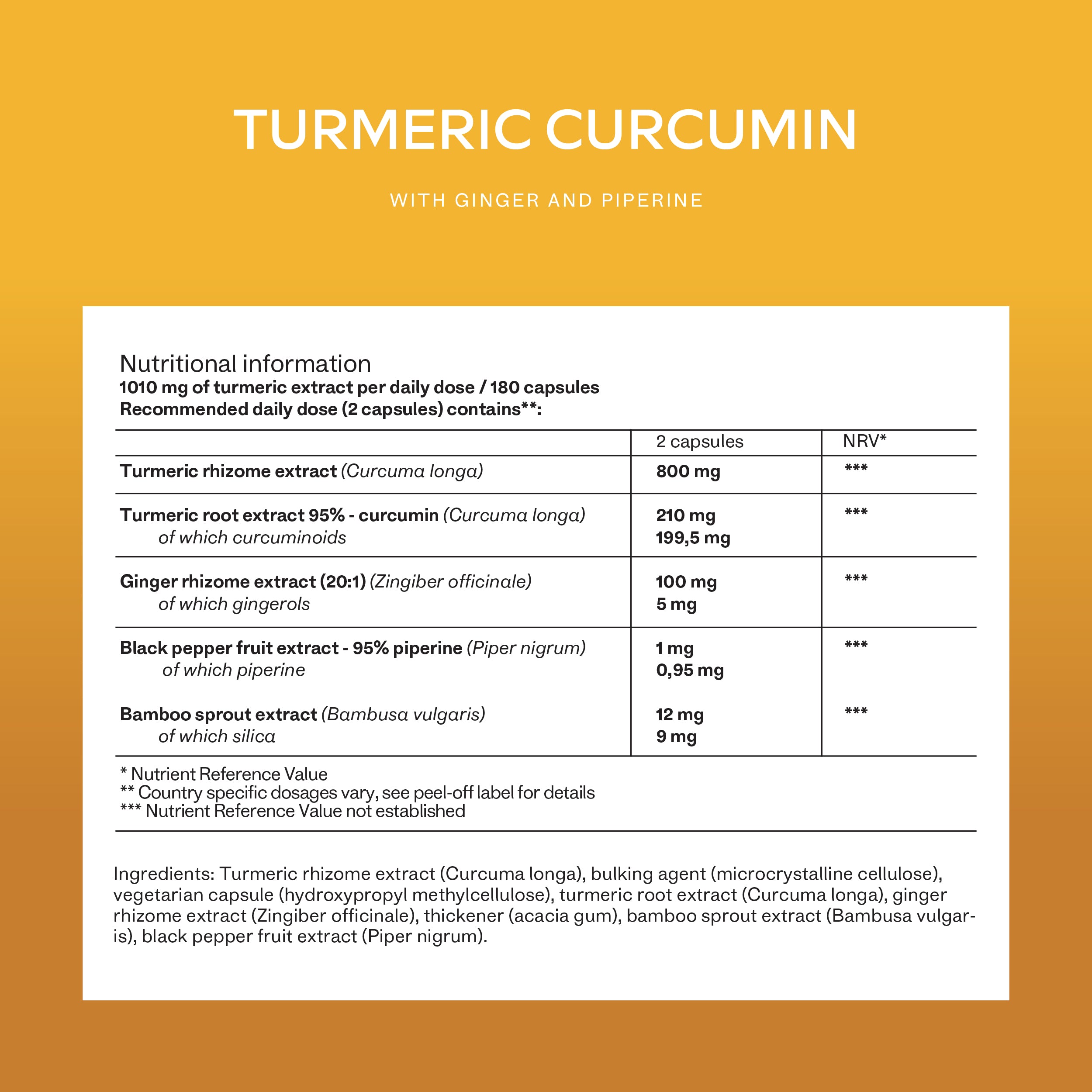 Turmeric Curcumin bottle featuring overlay with 95% curcuminoids from turmeric, 95% piperine from black pepper and high-strength 20:1 ginger root extract – Turmeric Curcumin Complex Aavalabs