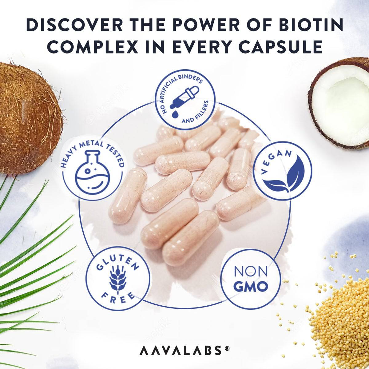 Biotina Complex: Heavy metal tested, gluten-free, non-GMO, vegan, with no artificial binders or fillers - AAVALABS