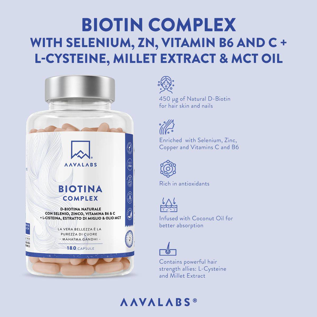 Biotina Complex by AAVALABS: A powerful blend of biotin, selenium, zinc, and essential vitamins for hair, skin, and nails.