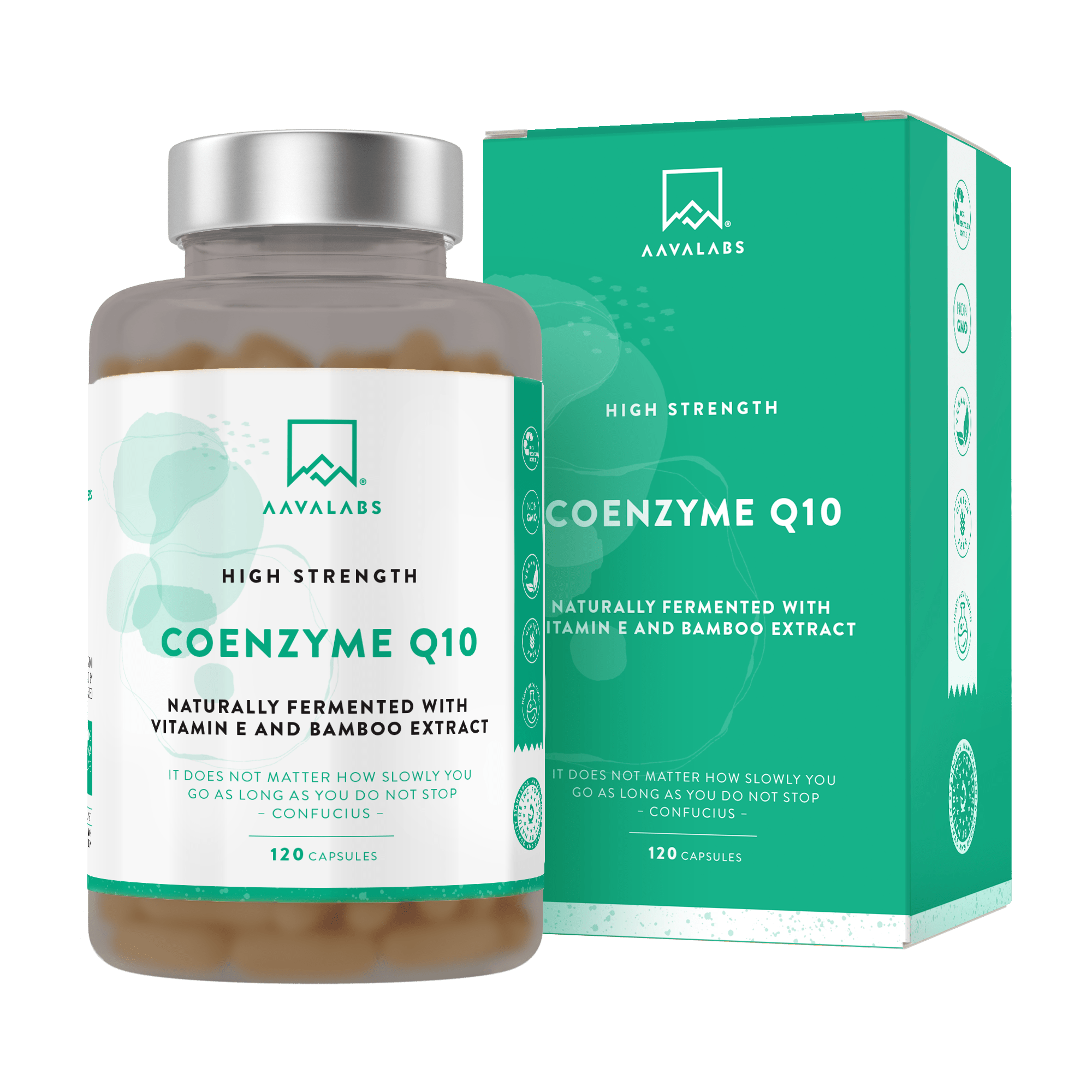 Coenzyme Q10 supplement bottle and box - AAVALABS