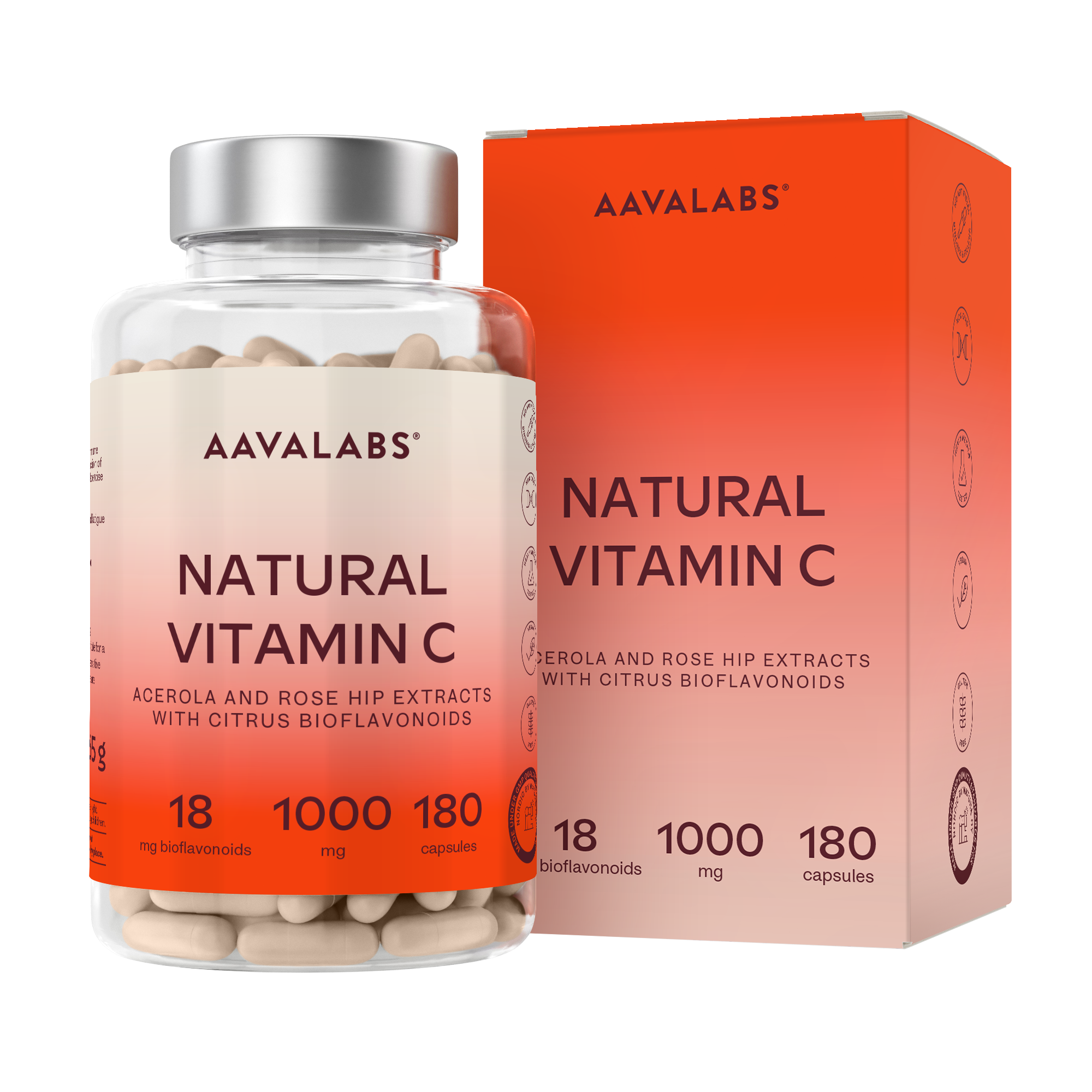 Bottle of Aavalabs Natural Vitamin C capsules with product benefits listed on a gradient background
