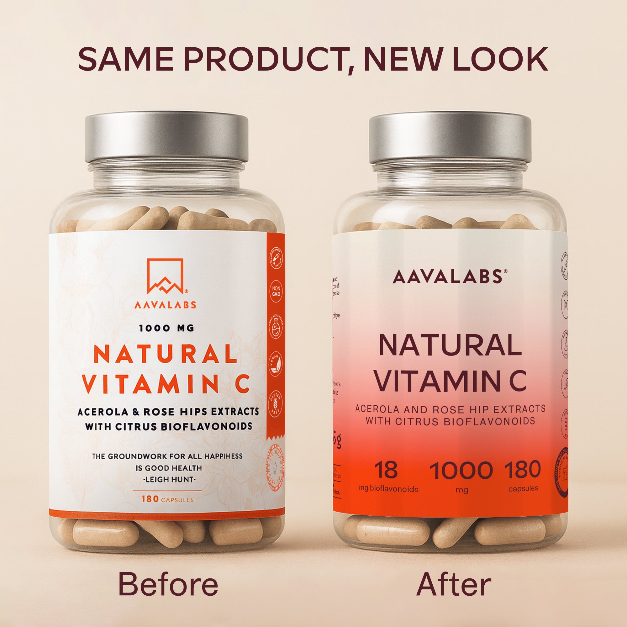 Aavalabs Natural Vitamin C bottle and box displayed together on a light background