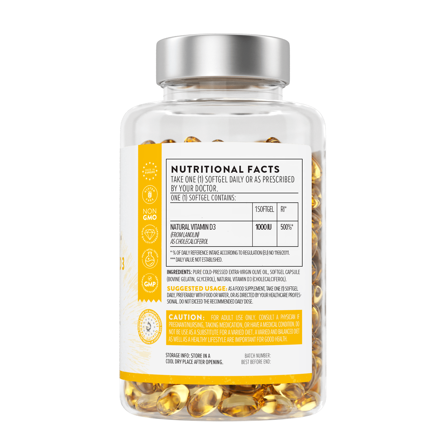 Bottle of Vitamin D3 1000 IU showing nutritional facts - AAVALABS