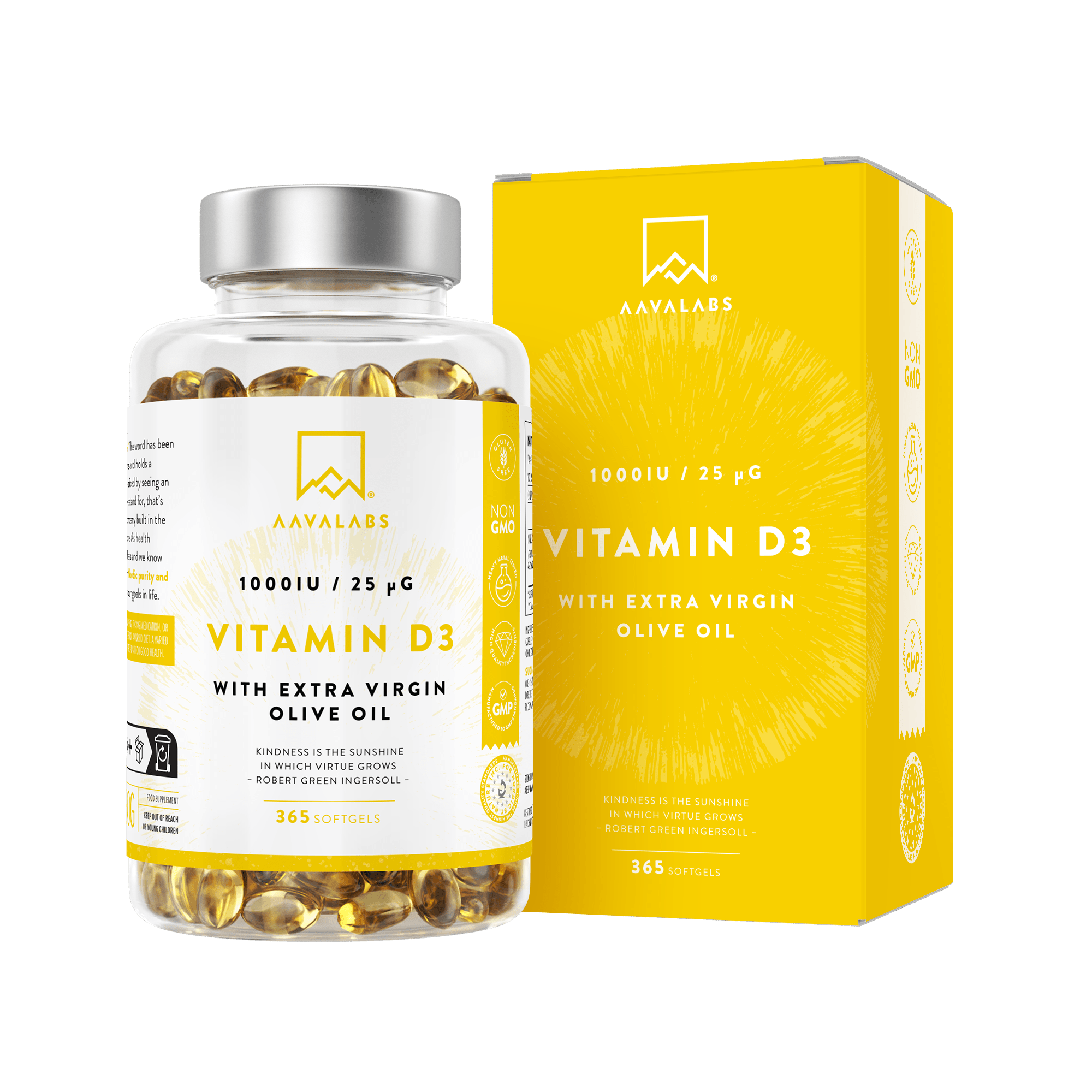 Bottle of Vitamin D3 1000 IU with extra virgin olive oil and packaging box - AAVALABS