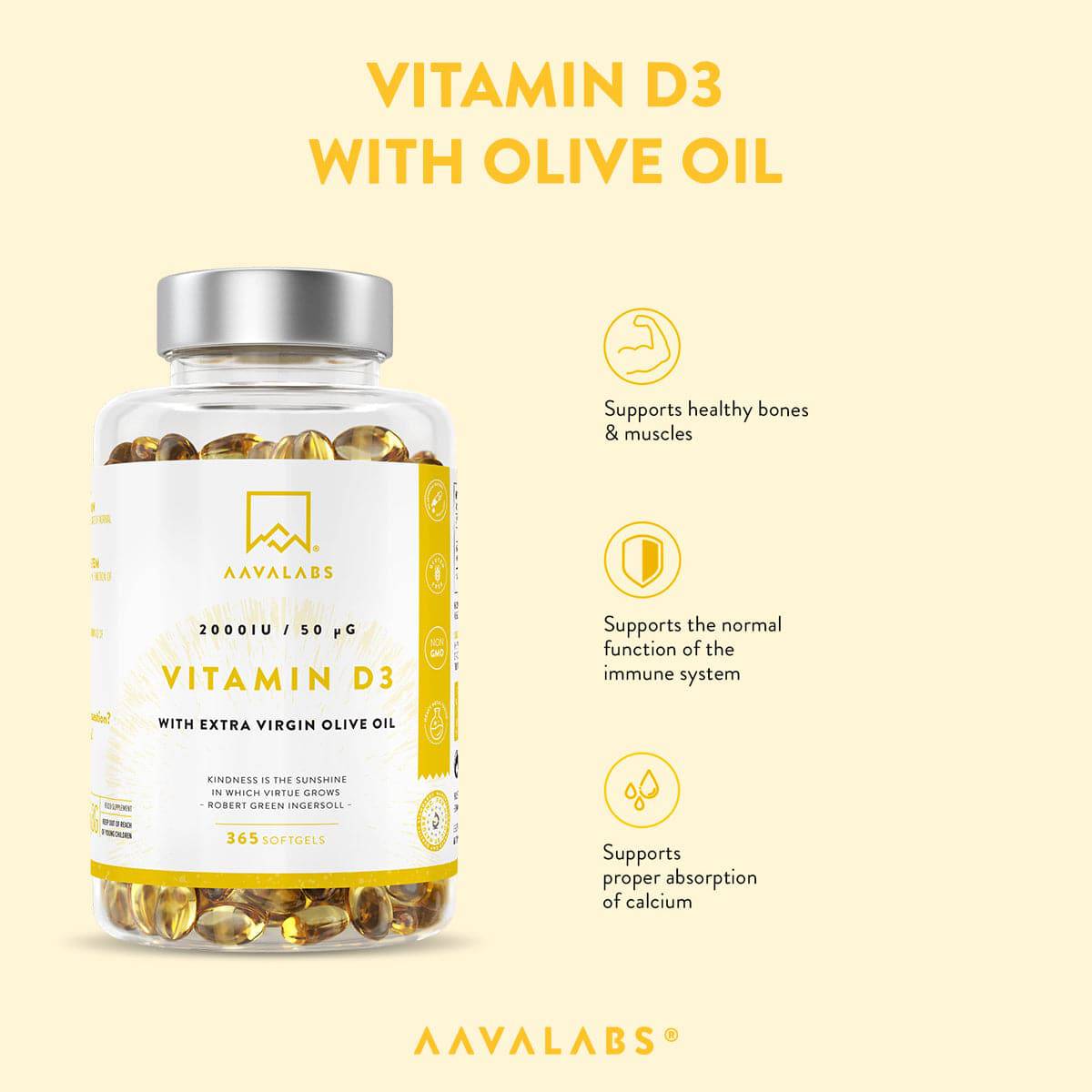 Features of Bottle of VITAMIN D3 - 2000IU - AAVALABS