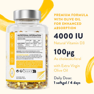 A bottle of AAVALABS VITAMIN D3 4000IU with extra virgin olive oil and key benefits 