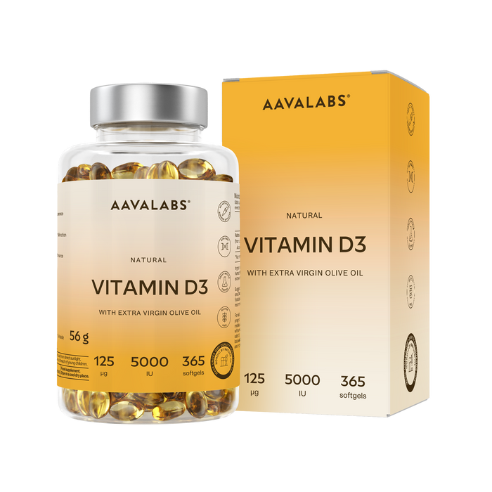 AAVALABS Vitamin D3 5000IU bottle with white and orange label, showing capsules and supplement branding.