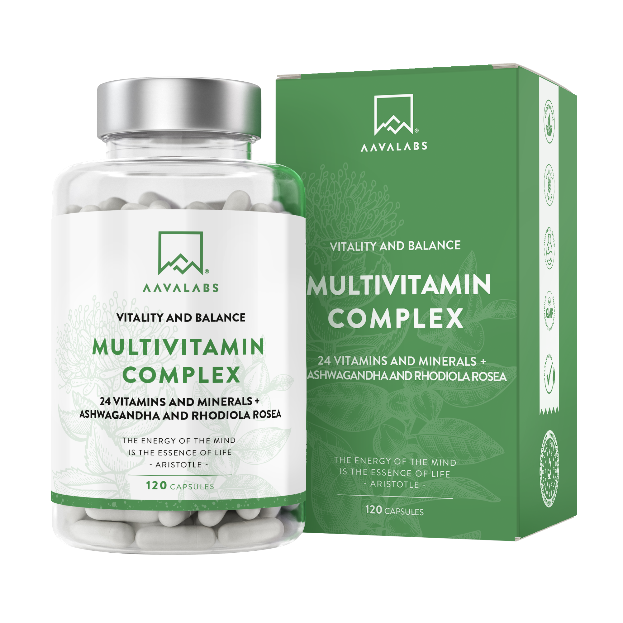 Multivitamin Complex with 24 vitamins and minerals plus Ashwagandha and Rhodiola Rosea for vitality and balance - Aavalabs